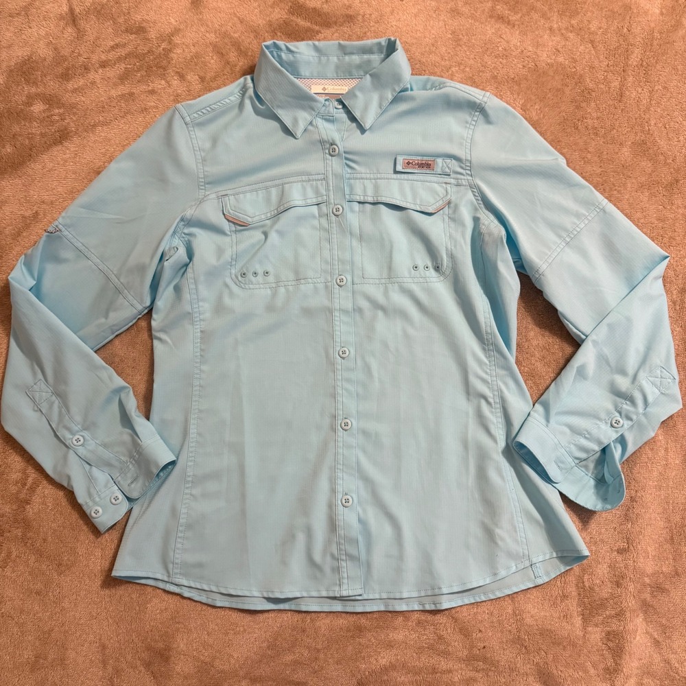 Columbia PFG Bahama II Fishing Shirt Womens Medium Blue Long Sleeve